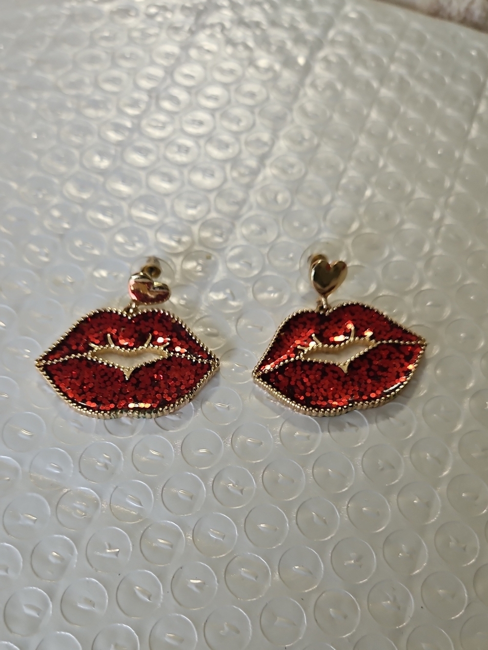 Red Lip Sequin Drop Earrings - Gold Accent